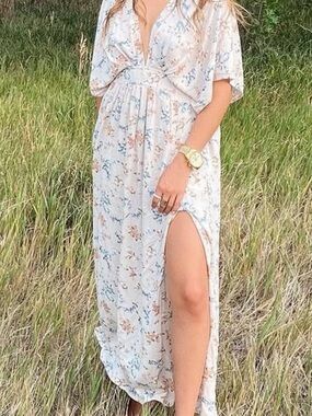 Boho Floral White Maxi Dress with Deep V and Side Slit